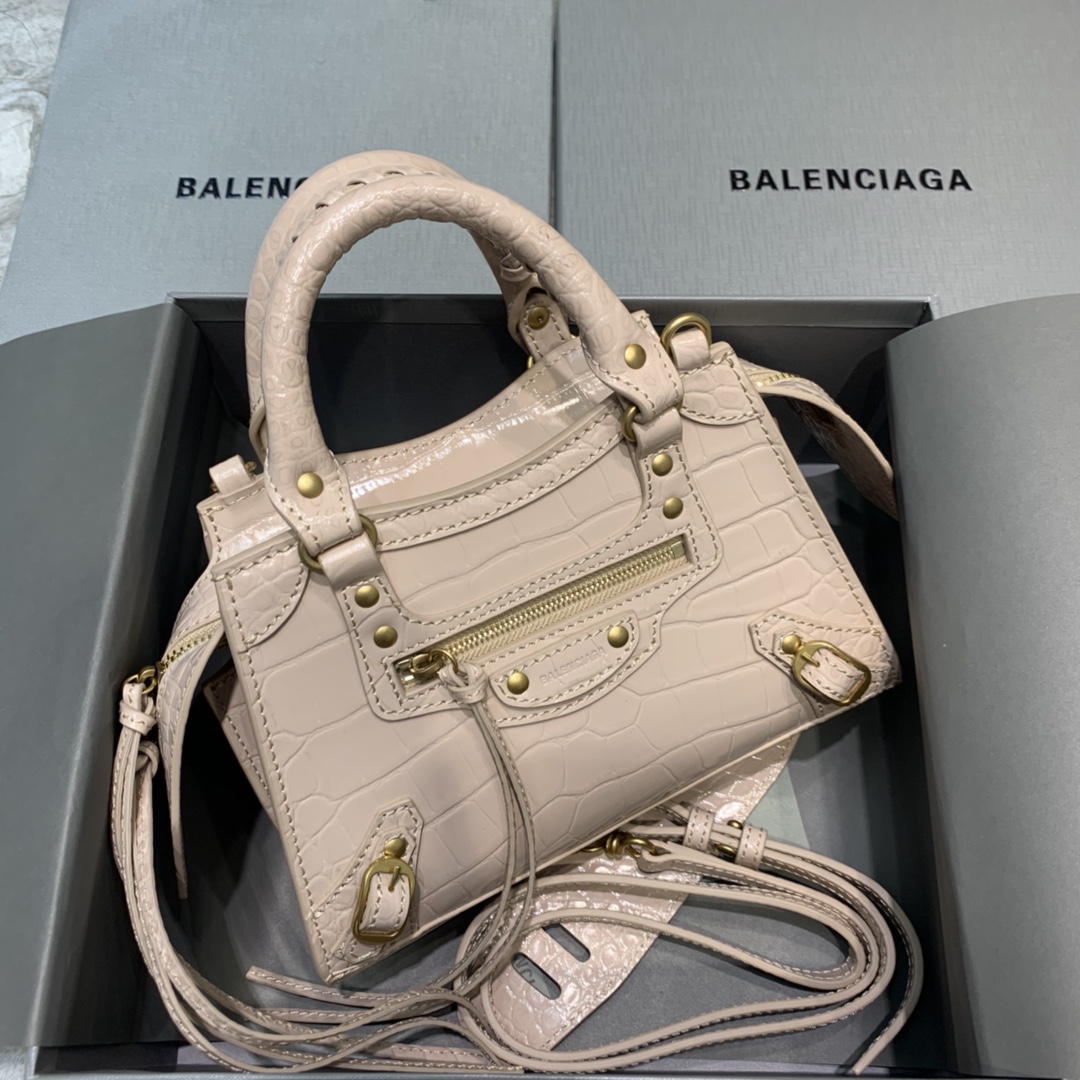 Balenciaga Neo Classic Mini Handbag Crocodile Embossed Shoulder Bag Light Gray